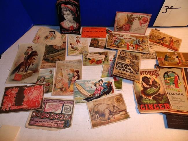 Trade Cards: Group of trade cards including Sanfords Giner, REal Silk , Curtis & Davis Co., Soap, Horsford Acid Phosphate, Stows Folding Cot, Hoyts German Cologne, etc. 23 trade cards.