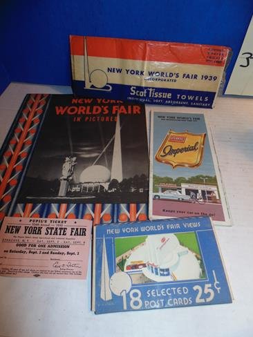 World's Fair Items: NY World's Fair 1939 Scot Tissue Towel Packet, NY World's Fair in Pictures 1939, Map, Post Card Book and NYS Fair Ticket.