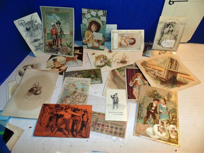 Group of Trade Cards: Group of trade cards including Clarks, Cluett & Sons, Oak Stoves, Furniter & Undertaking, Hoyts, JJ Foster & Co. Barney & Perrys, /Carters Liver Pills , 18 Cards.