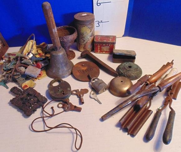 Group of Keys, Tins, Locks, Bell: Small trivet, 2 bell cases, curlers, tiins, school bell iron cup and a bag full of keys.