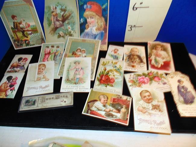 Trade Cards: Group of Trade cards including Hires Root Beer, Briggs Pianos, Metropolitian, Sheos, Mellings Food, Pacific Diamond Yeast, Waterbury Watch, Soap Dust, etc.