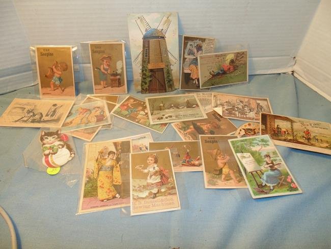 Trade Cards: Group of 23 Trade cards includng Higgins Soap, Bennison Retailers, Washburn Flour Windmill with opening doors, Palais Royal Fans etc