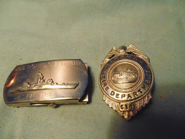 Katonah Fire Dept Badge & USS Donald Beary: Katonah Fire Dept badge and a USS Donald Beary Belt buckle.