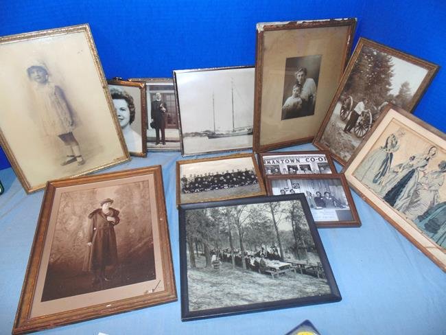 Framed Vintage Photos: Photos including, football team, picnic, horse & wagon, sail boat, etc.