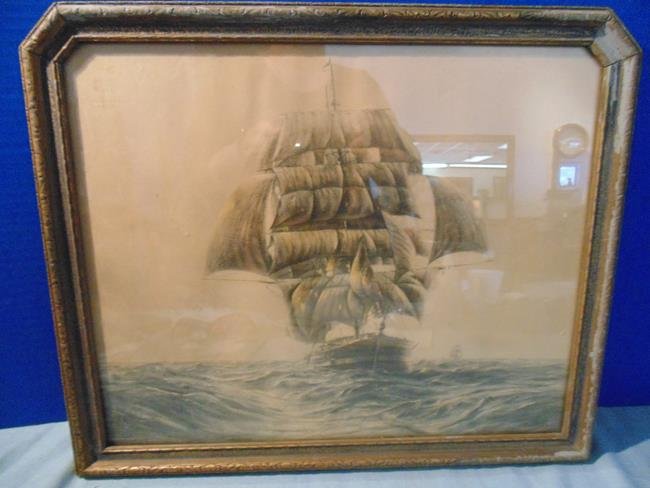 Art Deco Sailing Ship Print: Sailing Ship print in Art Deco frame by John Drescher Co. 17" x 14.".