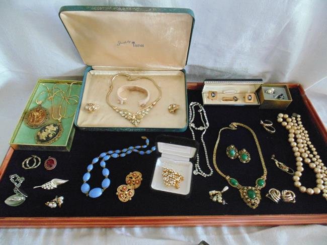 Costume Jewelry Trifari etc.: Trifari neclace and earring set, Marbella earrings, Bergere earrings, Swank Cuff Links & Clasp, Coro rhinestone necklace, Czeck blue necklace, Eisenberg Christmas Tree pin which is missing some pearls