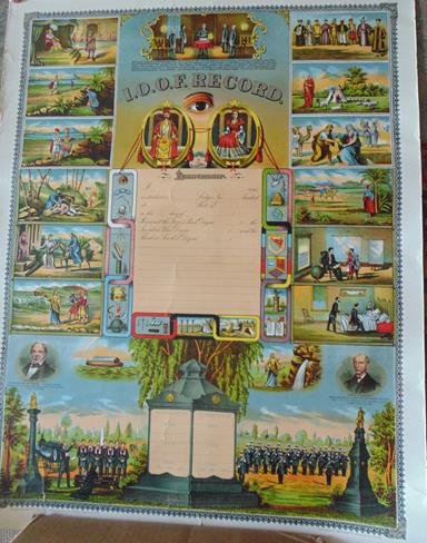 Masonic Memorial Documents: Masonic Litho Memorial Document dated 1899-Few Breaks Around the edges and document from 1966 Grand Lodge Maine