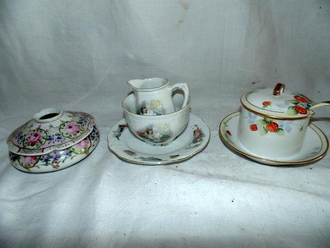 Nippon Strawberry Jam Jar, Childs Dish Set: Nippon strawberry jam covered jar with spoon, childs cereal bowl, creamer and plate and a hair receiver. Very good condition.