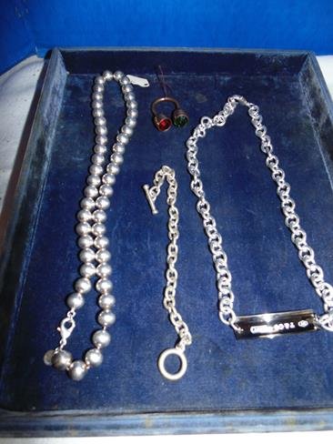 Tiffany & Co Jewelry: Silver beaded neclace marked Tiffany & Co, ID Neclace marked Tiffany & Co., Tommy Hilfinger Chain, Jeweled Keychain possibly from Harrod's.
