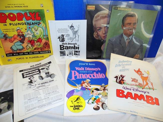 Movie Memorabelia: Popeye in :lunderland Poster, Bambi 1966 booklet, Pinocchio 1976 booklet, Pinocchio Ad Pad etc.