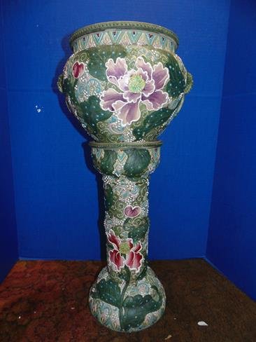 Oriental Moriage Jardinaire and Pedestal: 24" tall Moriage jardinaire and ped. Small chip under little handle (see photo) hard to see.