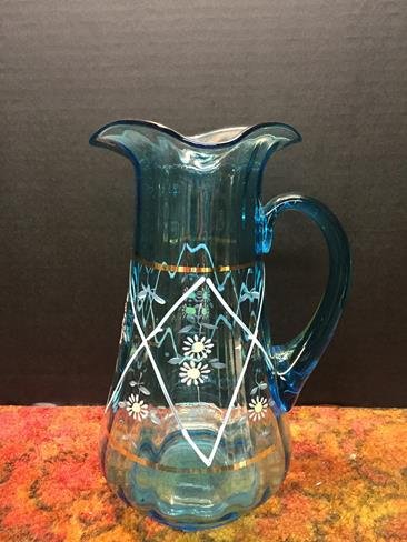 Victorian Enameled Blue Glass Lemonade Pitcher (1 of 1)