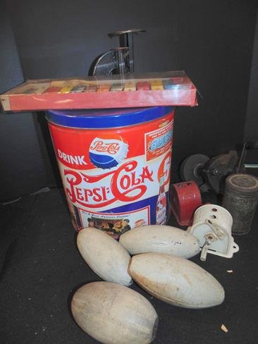Pepsi Tin, Clothes Line Cases, Wood Bobbers (1 of 2)
