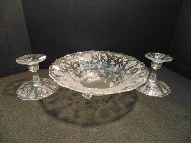 Cambridge Rose Point Console Bowl & Candlesticks (1 of 2)