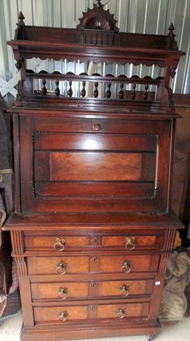 Eastlake Secretary Desk: Eastlake secretary desk with ornate gallery. 68:" x 30".