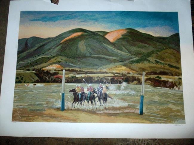 Polo Players Print by Peter Hurd: Signed and numbered print by Peter Hurd. 46" x 32"