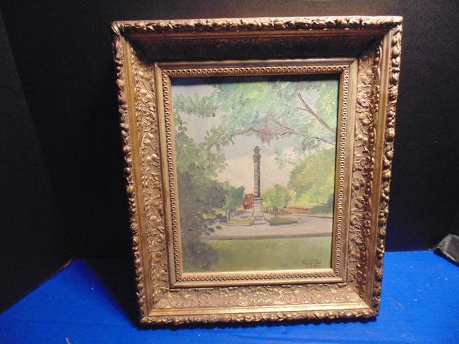 Painting on Board Signed Claude Pieher: Le Monument Wolfe oil on board by Canadien artist Claude Pieher Quebec. Ornate gilt Frame measures 12"x14'