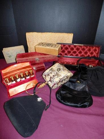 Satin Lined Boxes & Purses: Group of vintage satin lined boxes including a tufted satin lined box, purses and a perfume set in velvet snap case.
