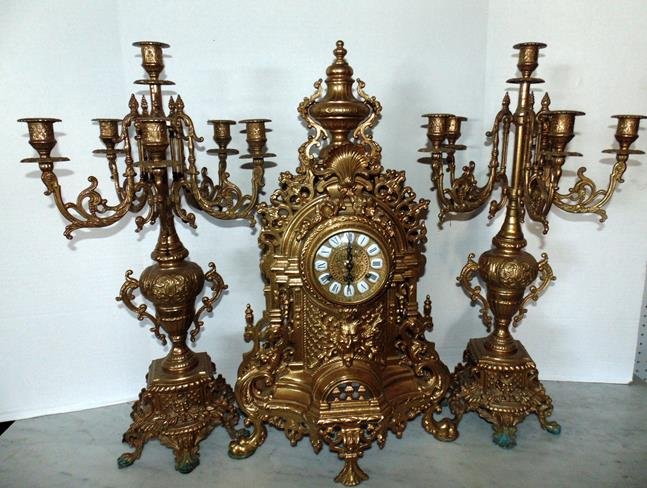 Ornate Brass Clock & Garniture Set (1 of 2)
