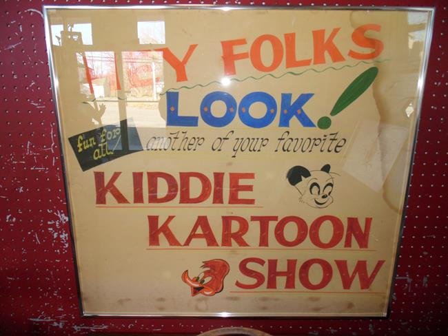 Woody Woodpecker Cartoon Advertisement: Framed hand drawn advertisement for Kiddie Cartoon Show. 30"x27".