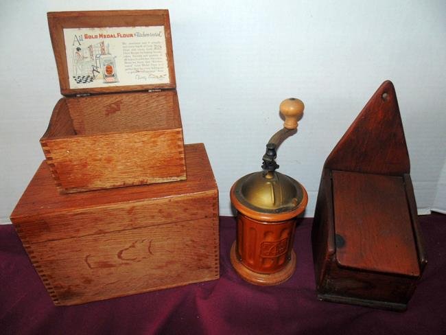Salt Box, Grinder, Wood Boxes: Lot containing wood boxes, wood salt box and a wood and metal grinder marked Trespade.