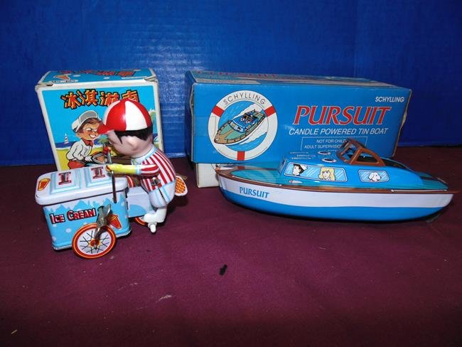 Bicycle Ice Cream Boy & Candle Power Boat: Tin wind up Bicycle Ice Cream Boy and a candle powered Speed Boat.