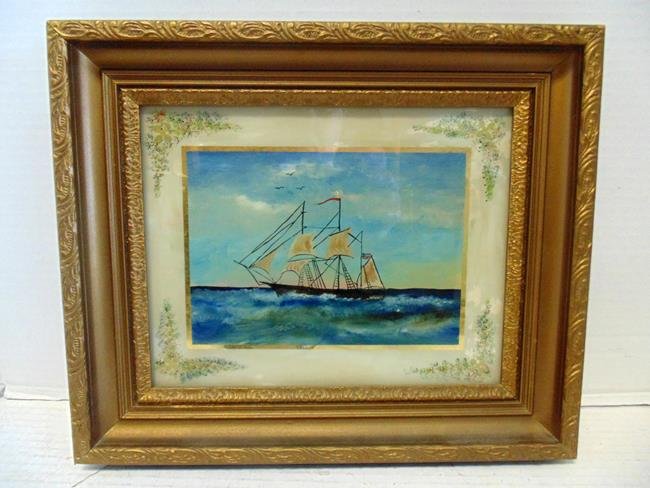 Clipper Ship Painting on Glass: Painting of clipper ship on glass signed in ornate gilt frame. 14" x 12".