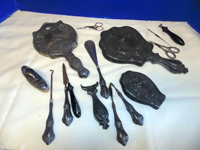 Silverplate Hand Mirrors and Other Items: Group of silverplate hand mirrors, button hooks, etc.