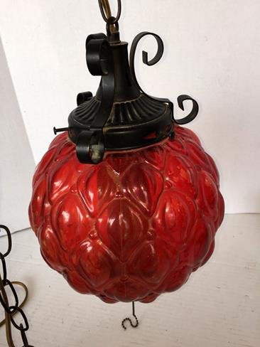 Red Quilted Glass Ball Hanging Light: Red quilted glass ball hanging light. 13" .