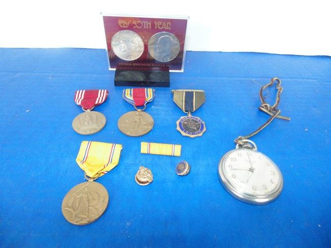 Silver Coins, Medals, Pocket Watch (1 of 1)