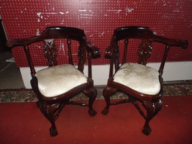 Corner Chairs: Pair of mahogany corner chairs.