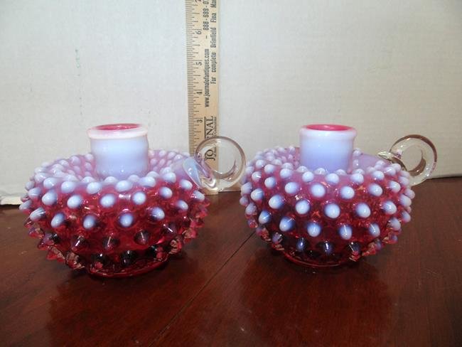 Cranberry Hobnail Candlesticks (1 of 1)