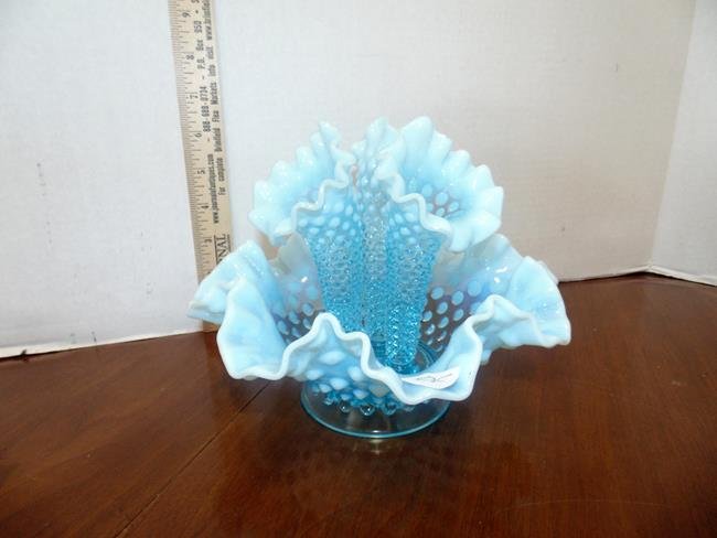 Hobnail Epergne: Blue hobnail epergne. 7" tall.