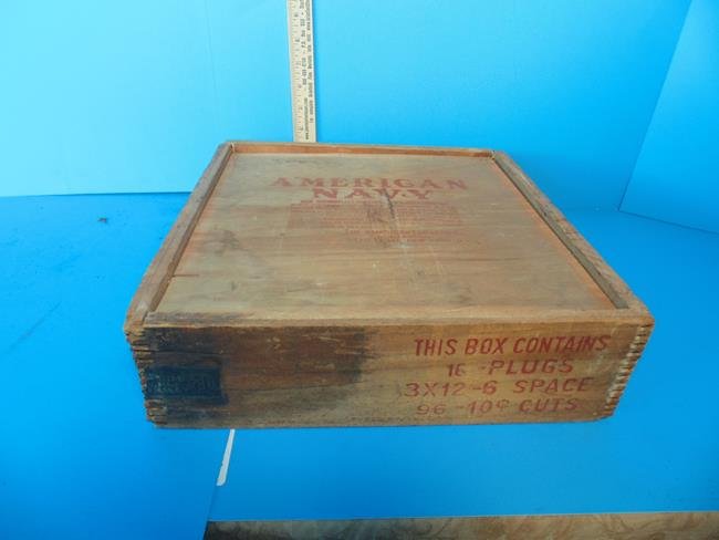 American Navy Tobacco Box & Contents: American Navy Tobacco Co. 13" x 13" wood crate and contents of 16 plugs of tobacco. .