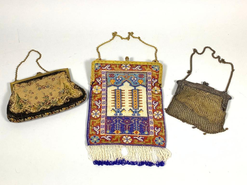Lot of Purses: Beadwork, tapestry and German silver mesh purses