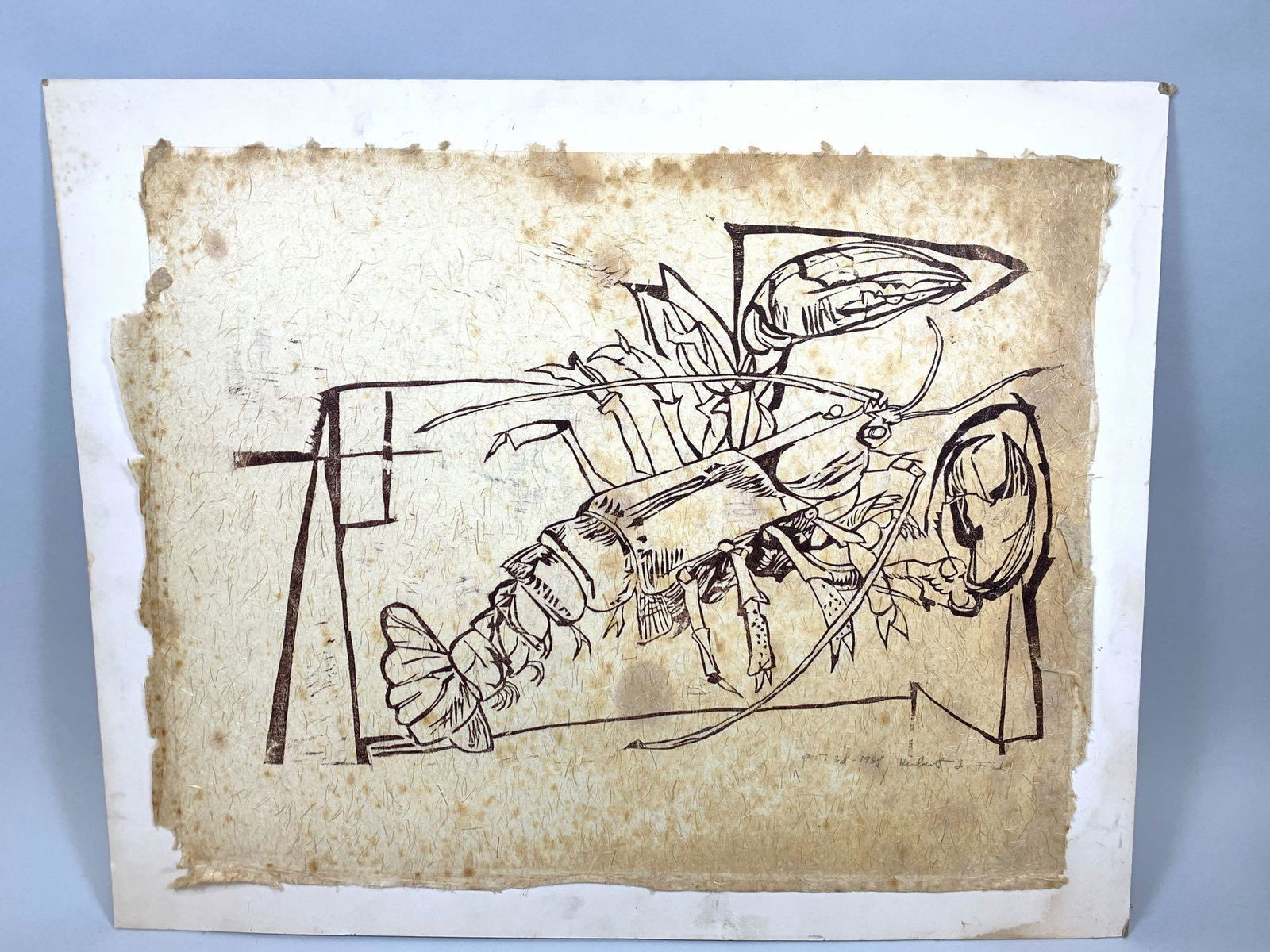 Herbert L Fink "Lobster": Silk screen lobster on parchment, signed in pencil, October 28, 1954, Herbert L Fink, 19 1/4" x 24"