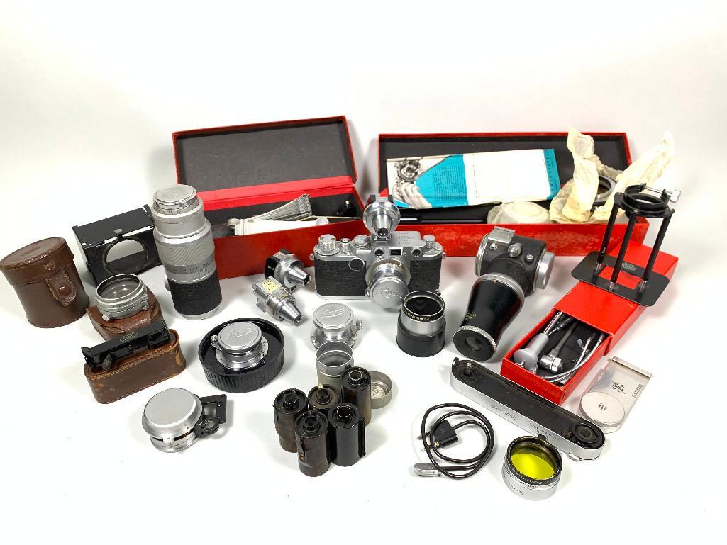 Leica Camera Lot: Leica DBP camera 764-352 Elmar f= 5cm lens, Hektor f=13,5cm Nr854887 lens & (2) Elmar f=5cm 1:3,5 and more