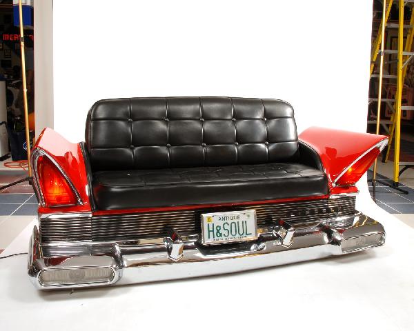 Original 1957 Lincoln rear quarter custom fitted r: Original 1957 Lincoln rear quarter custom fitted red couch with lights, 80"w X 31"d X 36"h