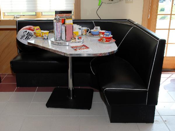 Custom corner diner booth, black with silver pipin: Custom corner diner booth, black with silver piping, 57" x 69"