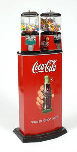 Coca Cola base with 2 gumball machines, Oak Mfg.: Coca Cola base with 2 gumball machines, Oak Mfg.