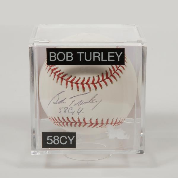 Bob Turley, 1958 Cy Young award winner signed base: Bob Turley, 1958 Cy Young award winner signed baseball, with Certificate of Authenticity OML from James Spence D 05954