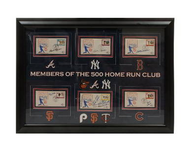 Framed photo collage, 500 home run club, with firs: Framed photo collage, 500 home run club, with first day stamp issues, signed by Hank Aaron, Mickey Mantle, Ted Williams and others