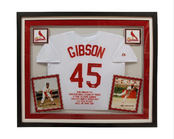 Cardinals uniform shirt, autographed, Bob Gibson #: Cardinals uniform shirt, autographed, Bob Gibson #45, with 2 photos, with Certificate of Authenticity from PSA/DNA C56461