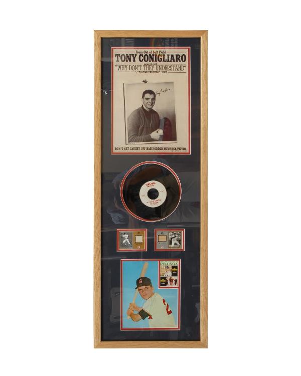 Tony Conigliaro collage with record, poster, and b: Tony Conigliaro collage with record, poster, and baseball cards, autographed, with Certificate of Authenticity together with a baseball signed by players of the 1971 Angels Team, including Tony Conigl