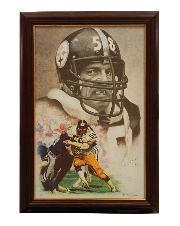 Jack Lambert, Pittsburgh Steelers linebacker #58 p: Jack Lambert, Pittsburgh Steelers linebacker #58 print by Michael Kupka with framed photo collage signed Joe Namath, Super Bowl III MVP with Certificate from PWC Authenticity and Notary Service