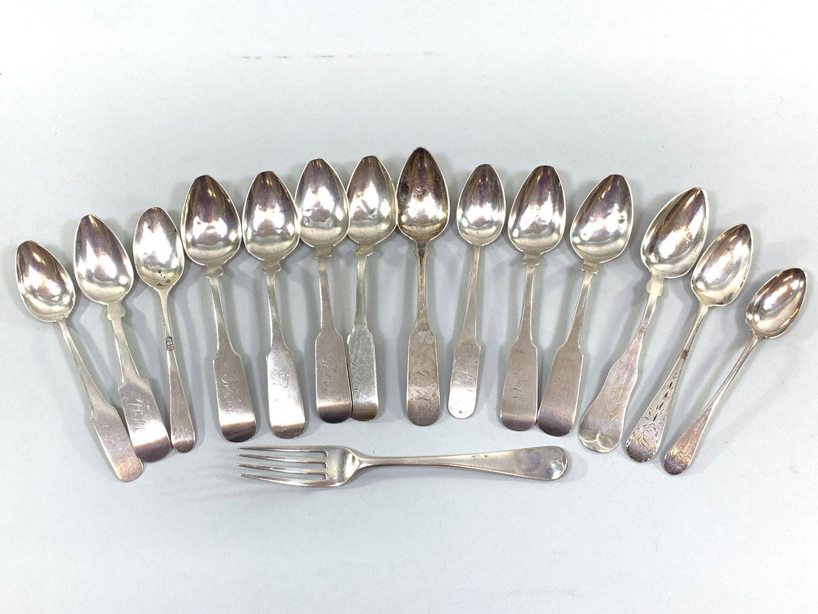 14 Coin silver teaspoons and 1 fork (1 of 1)