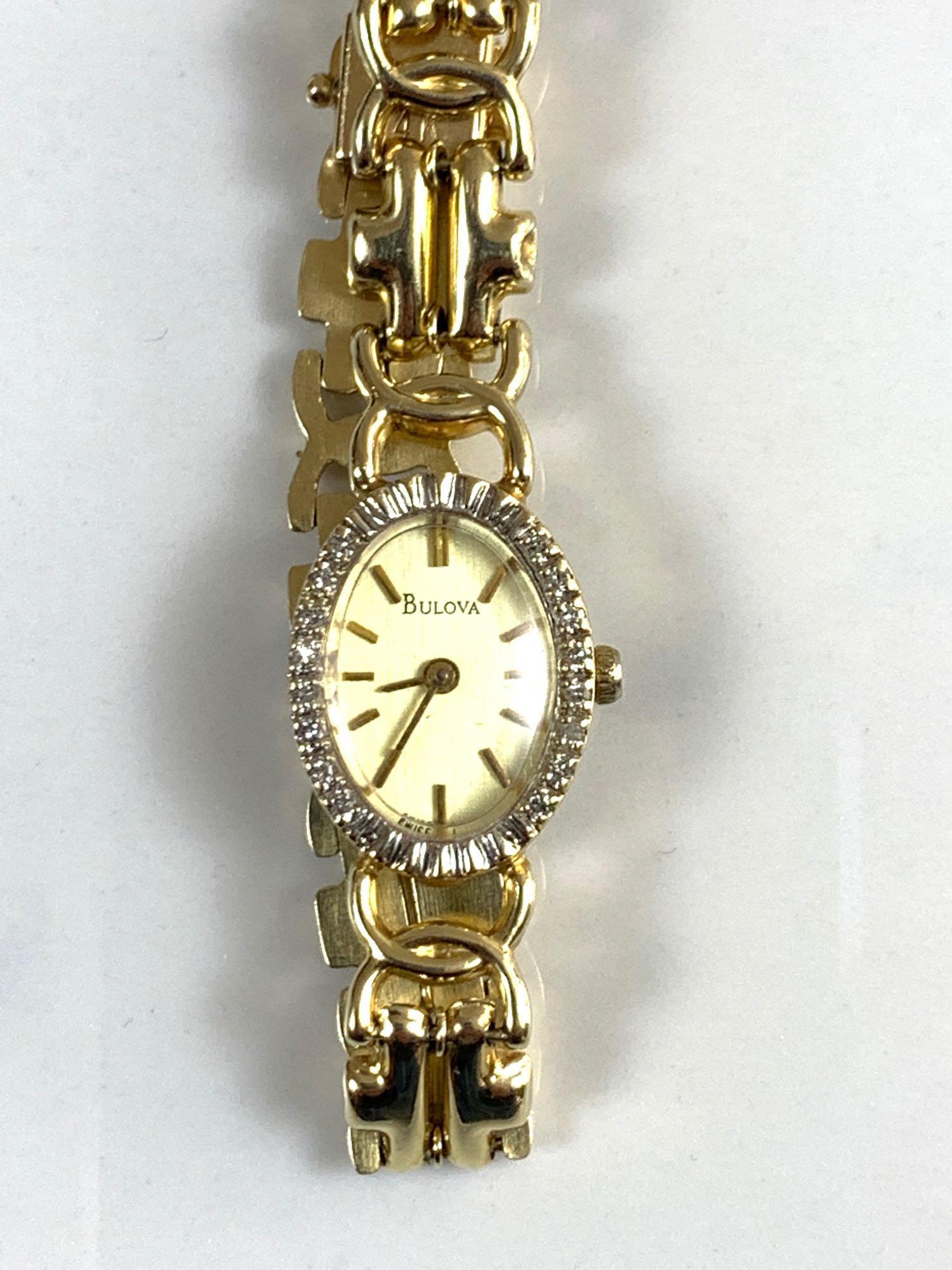 Bulova 14k Gold and Diamond Ladies Watch: Bulova 14k gold and diamond ladies watch, 18 g