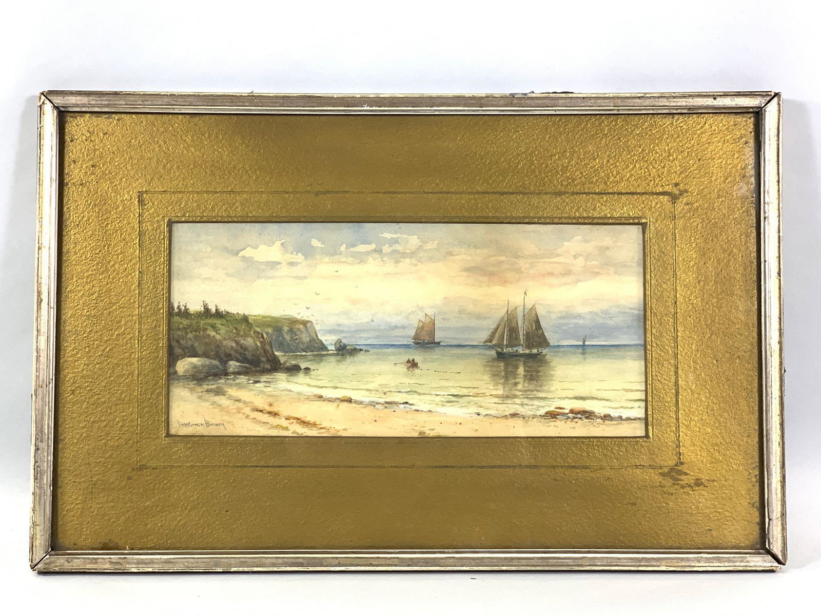 W. Warren Brown watercolor, shore scene with sail (1 of 3)