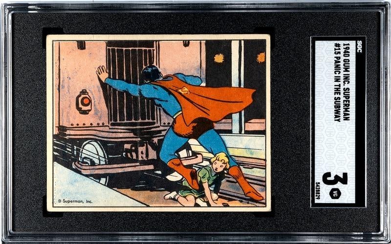 1940 Gum Inc. Superman Gum Card #15 Panic In The Subway SGC Grade 3: 1940 Gum Inc. Superman Gum Card #15 Panic In The Subway SGC Grade 3
