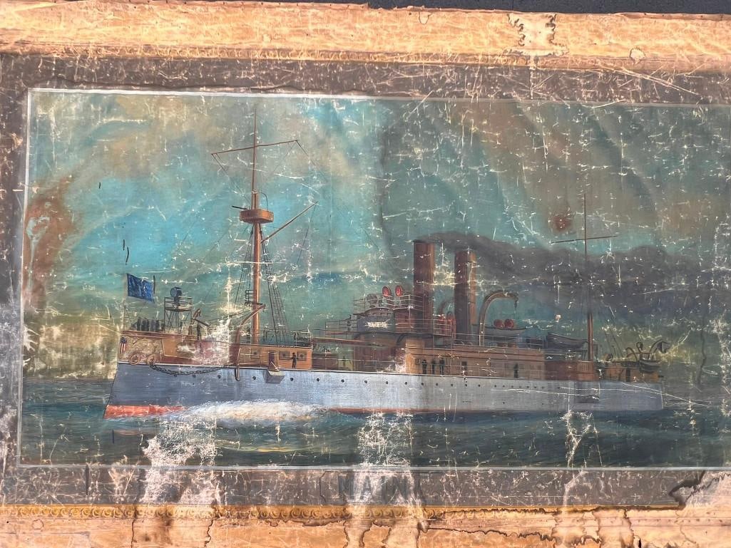 Ship Painting: Ship painting, oil on canvas of the Ship Maine. In need of restoration, 60" x 108"